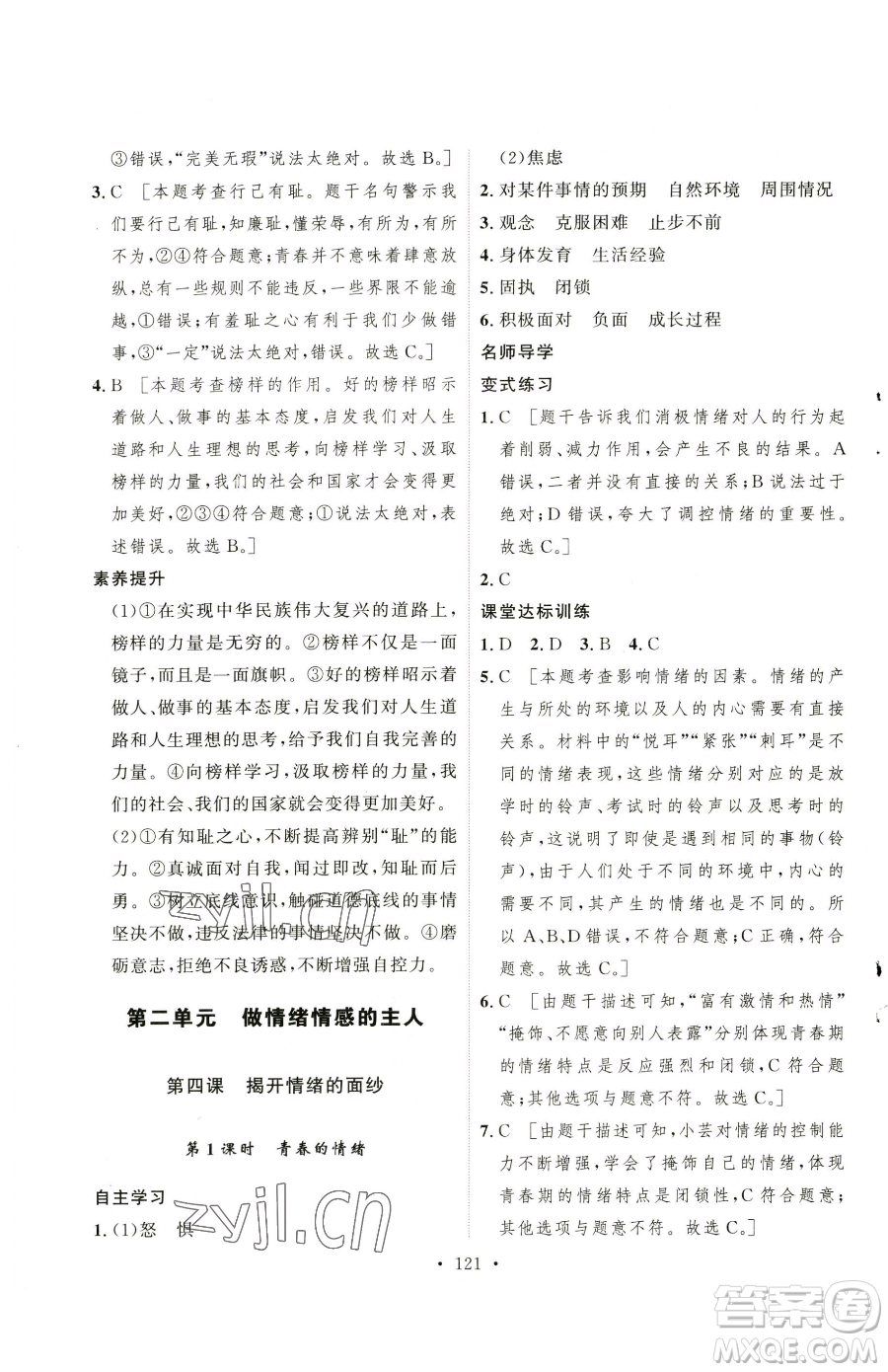 陜西人民出版社2023實(shí)驗(yàn)教材新學(xué)案七年級下冊道德與法治人教版參考答案