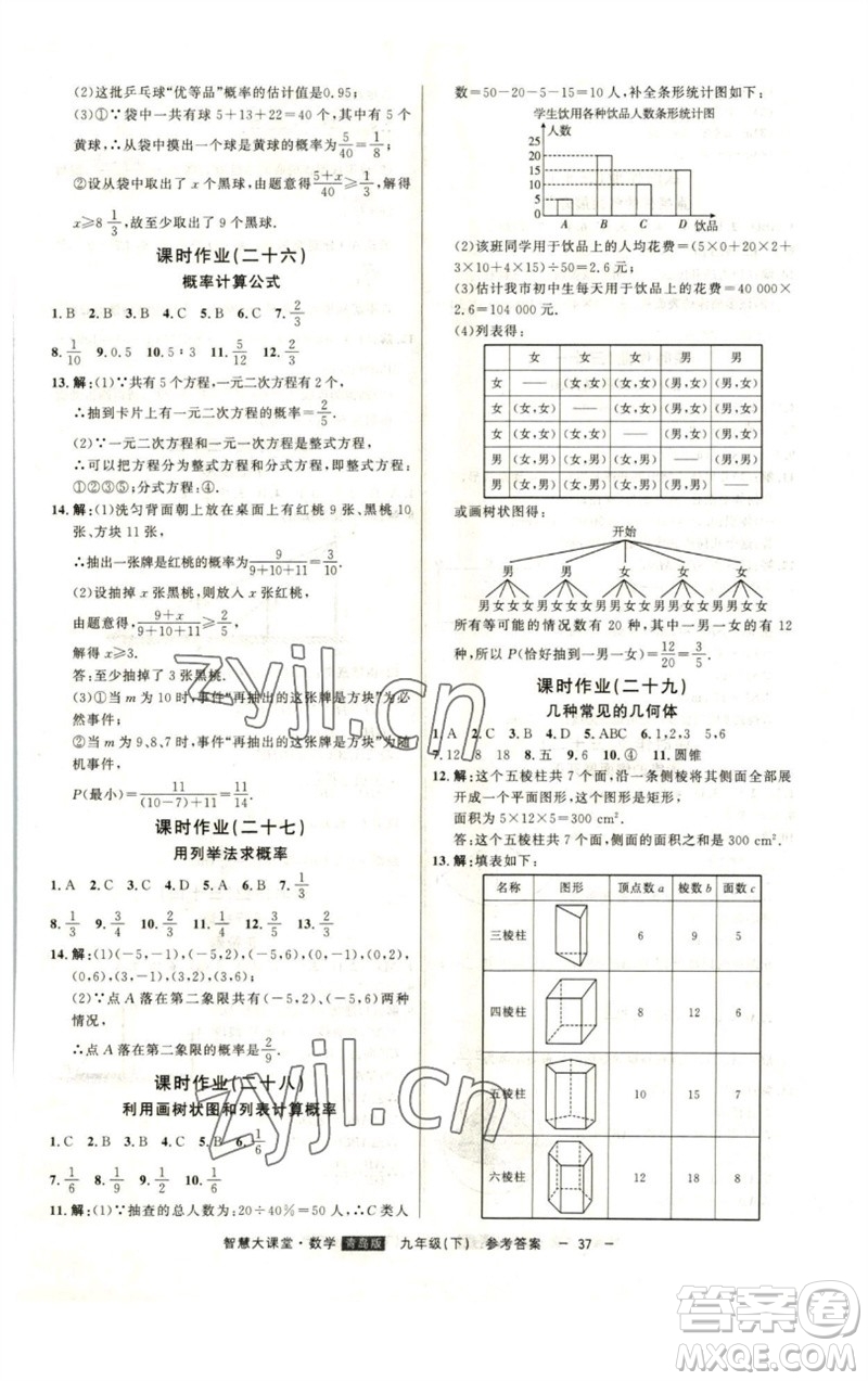 吉林人民出版社2023初中新課標(biāo)名師學(xué)案智慧大課堂九年級(jí)數(shù)學(xué)下冊(cè)青島版參考答案