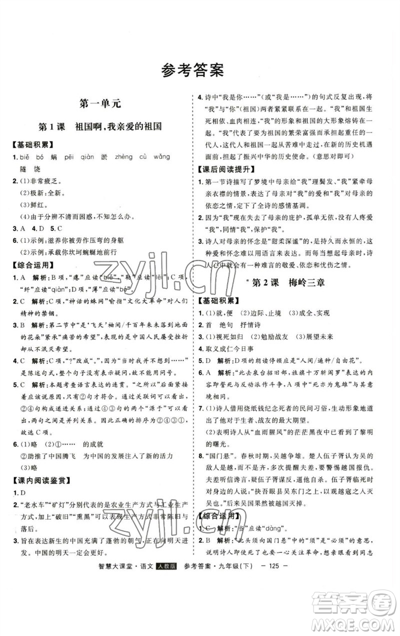 吉林人民出版社2023初中新課標(biāo)名師學(xué)案智慧大課堂九年級(jí)語文下冊(cè)人教版參考答案