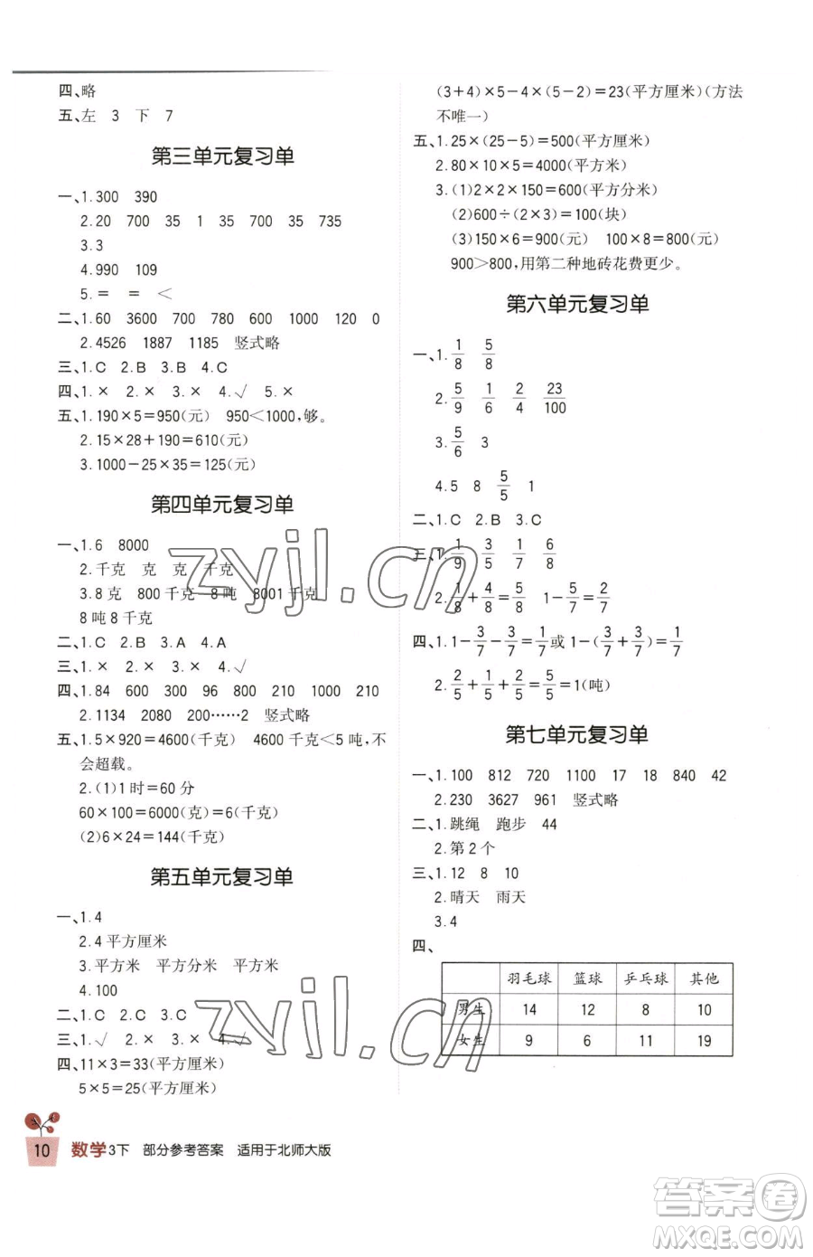 四川教育出版社2023新課標(biāo)小學(xué)生學(xué)習(xí)實(shí)踐園地三年級(jí)下冊(cè)數(shù)學(xué)北師大版參考答案