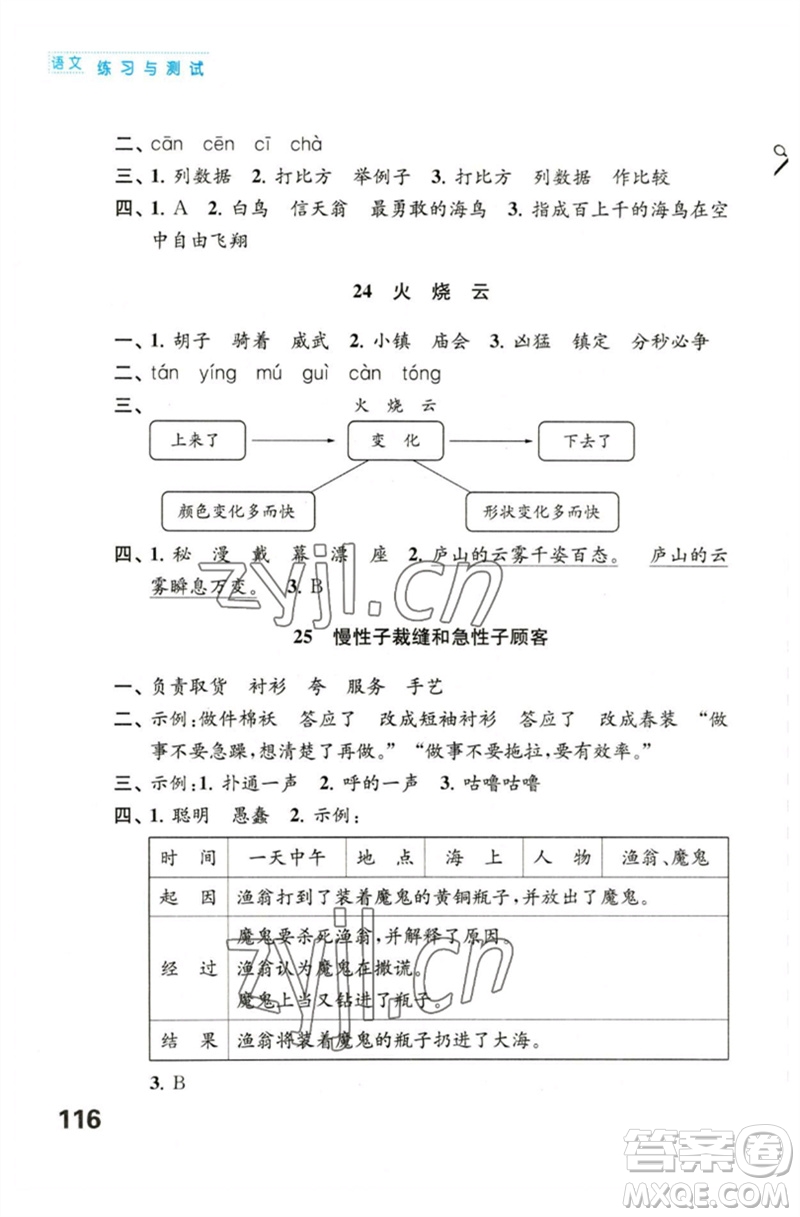 江蘇鳳凰教育出版社2023練習(xí)與測試小學(xué)語文三年級下冊人教版陜西專版參考答案