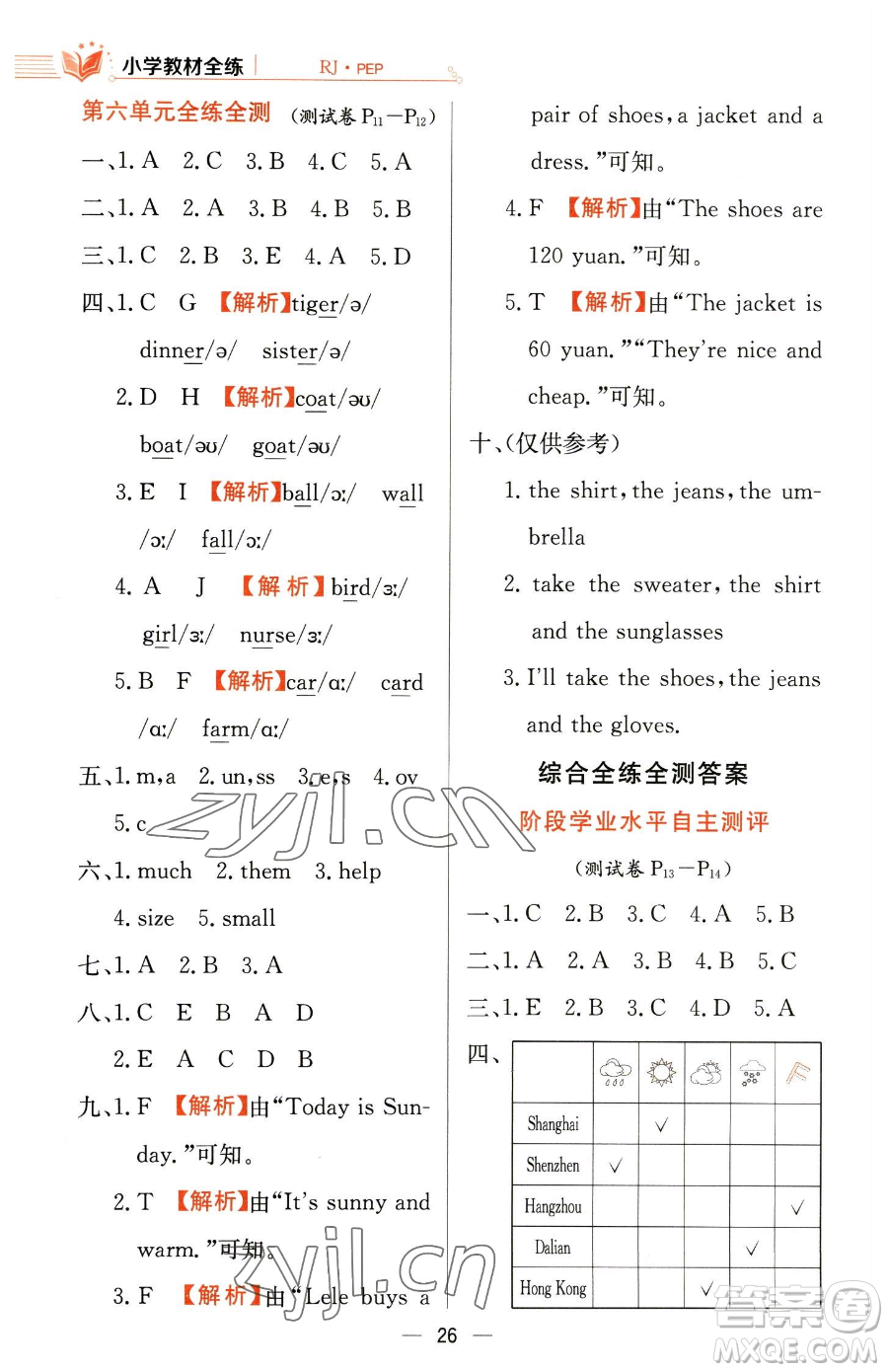 陜西人民教育出版社2023小學(xué)教材全練四年級(jí)下冊(cè)英語(yǔ)人教PEP版三起參考答案