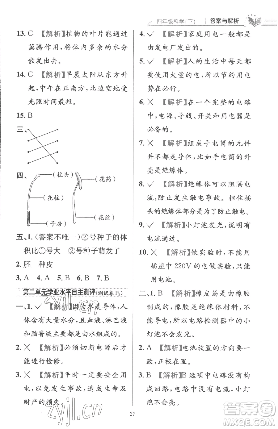 陜西人民教育出版社2023小學(xué)教材全練四年級下冊科學(xué)教科版參考答案