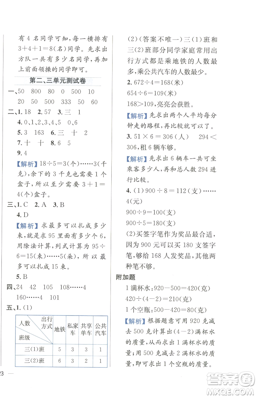 陜西人民教育出版社2023小學(xué)教材全練三年級下冊數(shù)學(xué)人教版參考答案