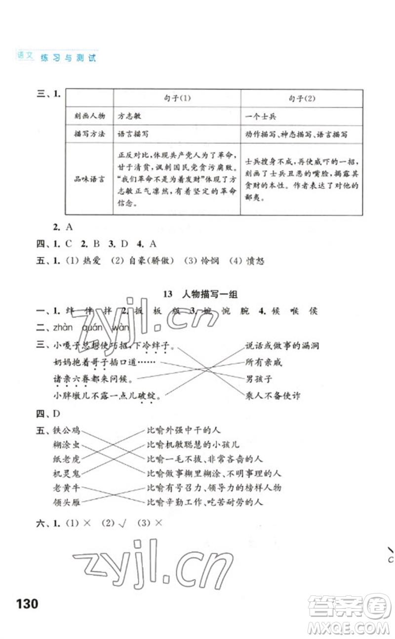 江蘇鳳凰教育出版社2023練習(xí)與測(cè)試小學(xué)語(yǔ)文五年級(jí)下冊(cè)人教版陜西專版參考答案