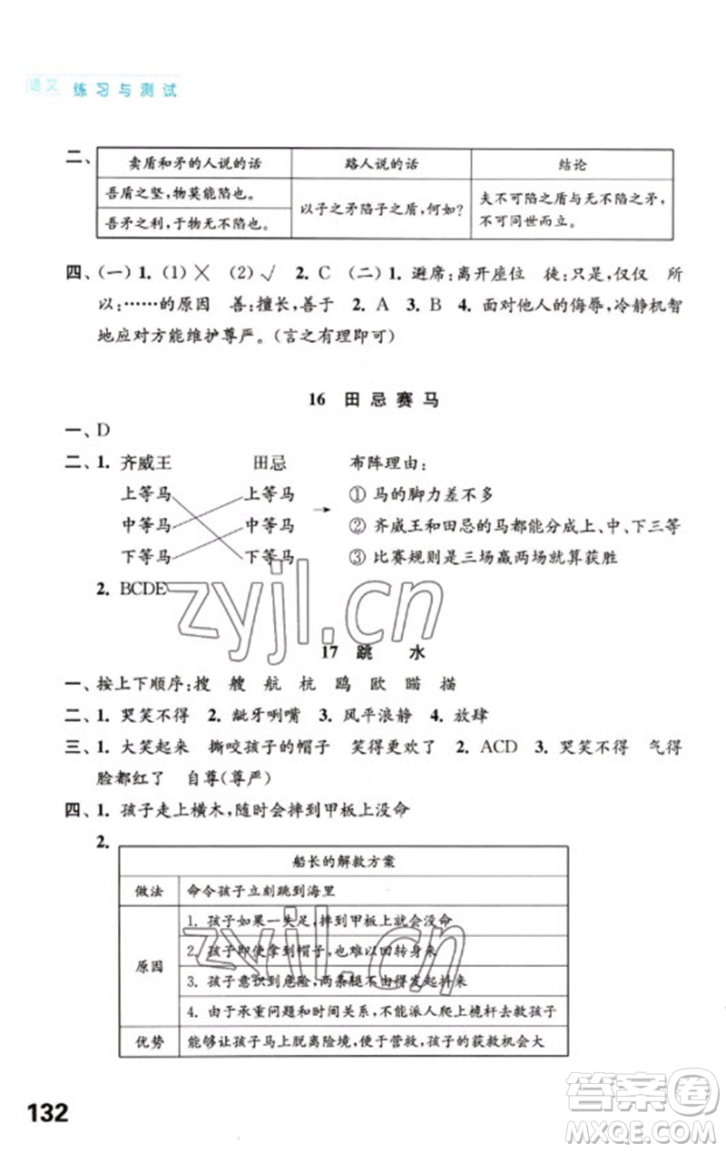 江蘇鳳凰教育出版社2023練習(xí)與測(cè)試小學(xué)語(yǔ)文五年級(jí)下冊(cè)人教版陜西專版參考答案