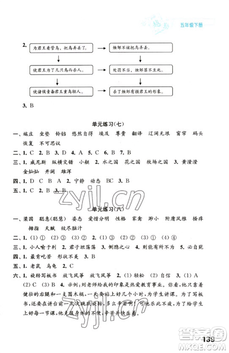 江蘇鳳凰教育出版社2023練習(xí)與測(cè)試小學(xué)語(yǔ)文五年級(jí)下冊(cè)人教版陜西專版參考答案