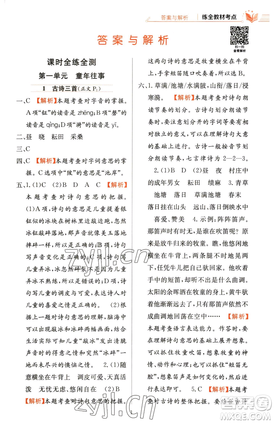 陜西人民教育出版社2023小學(xué)教材全練五年級下冊語文人教版參考答案