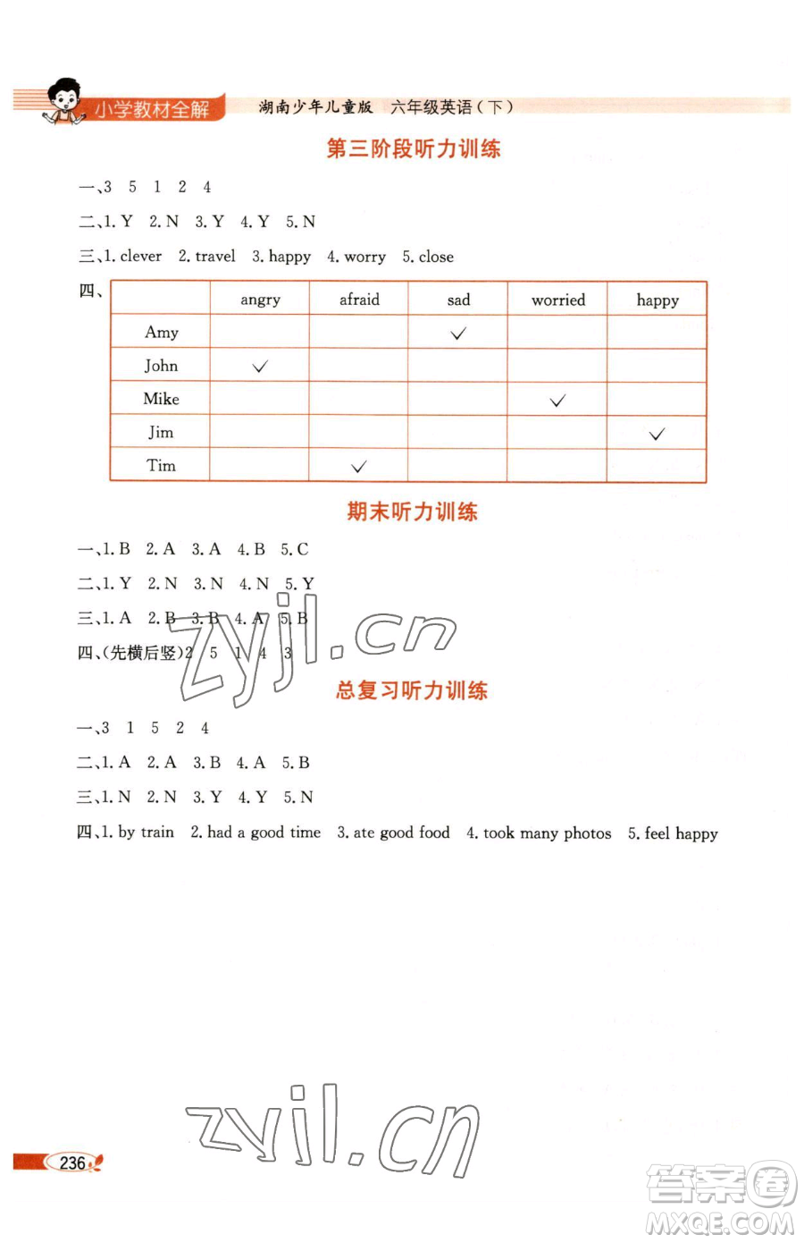 陜西人民教育出版社2023小學(xué)教材全解六年級(jí)下冊(cè)英語(yǔ)湘少版三起參考答案