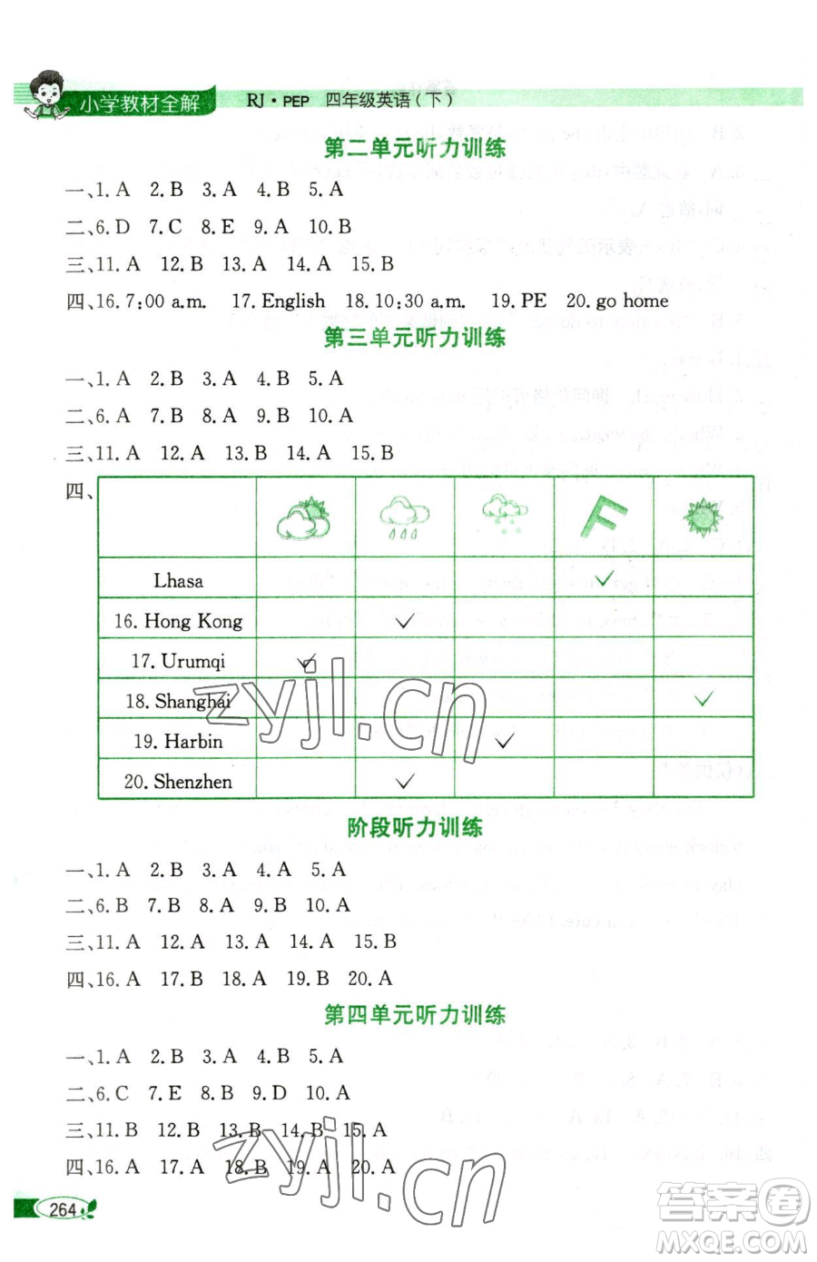 陜西人民教育出版社2023小學教材全解四年級下冊英語人教PEP版三起參考答案