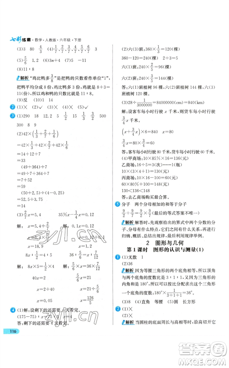 河北教育出版社2023七彩練霸六年級(jí)數(shù)學(xué)下冊(cè)人教版參考答案