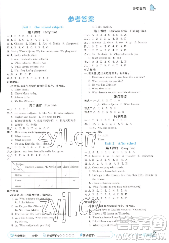 云南科技出版社2023智慧翔奪冠小狀元課時(shí)作業(yè)本四年級(jí)下冊英語譯林版參考答案