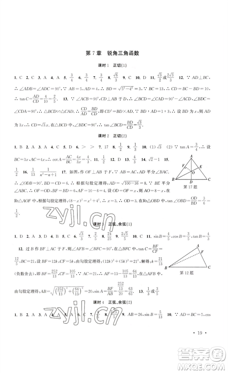 安徽人民出版社2023高效精練九年級數(shù)學(xué)下冊蘇科版參考答案