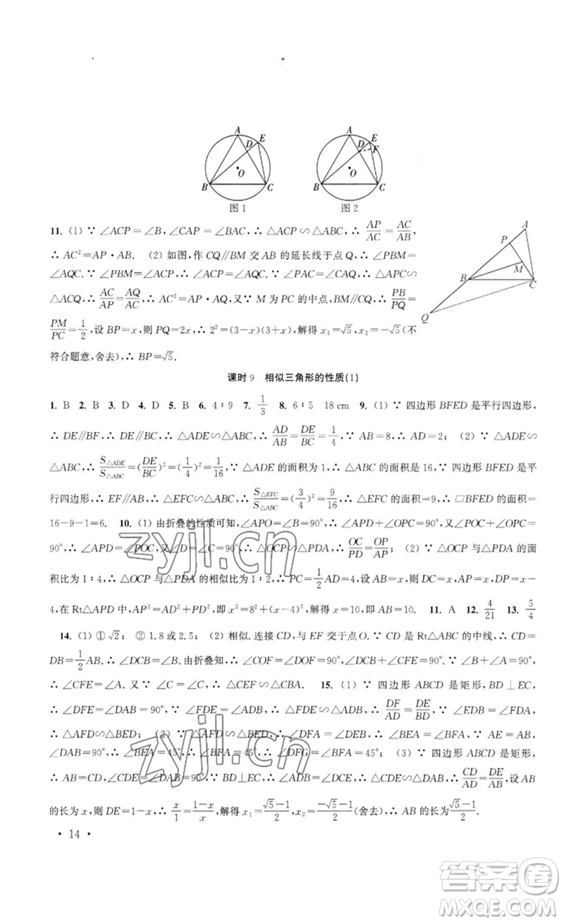 安徽人民出版社2023高效精練九年級數(shù)學(xué)下冊蘇科版參考答案