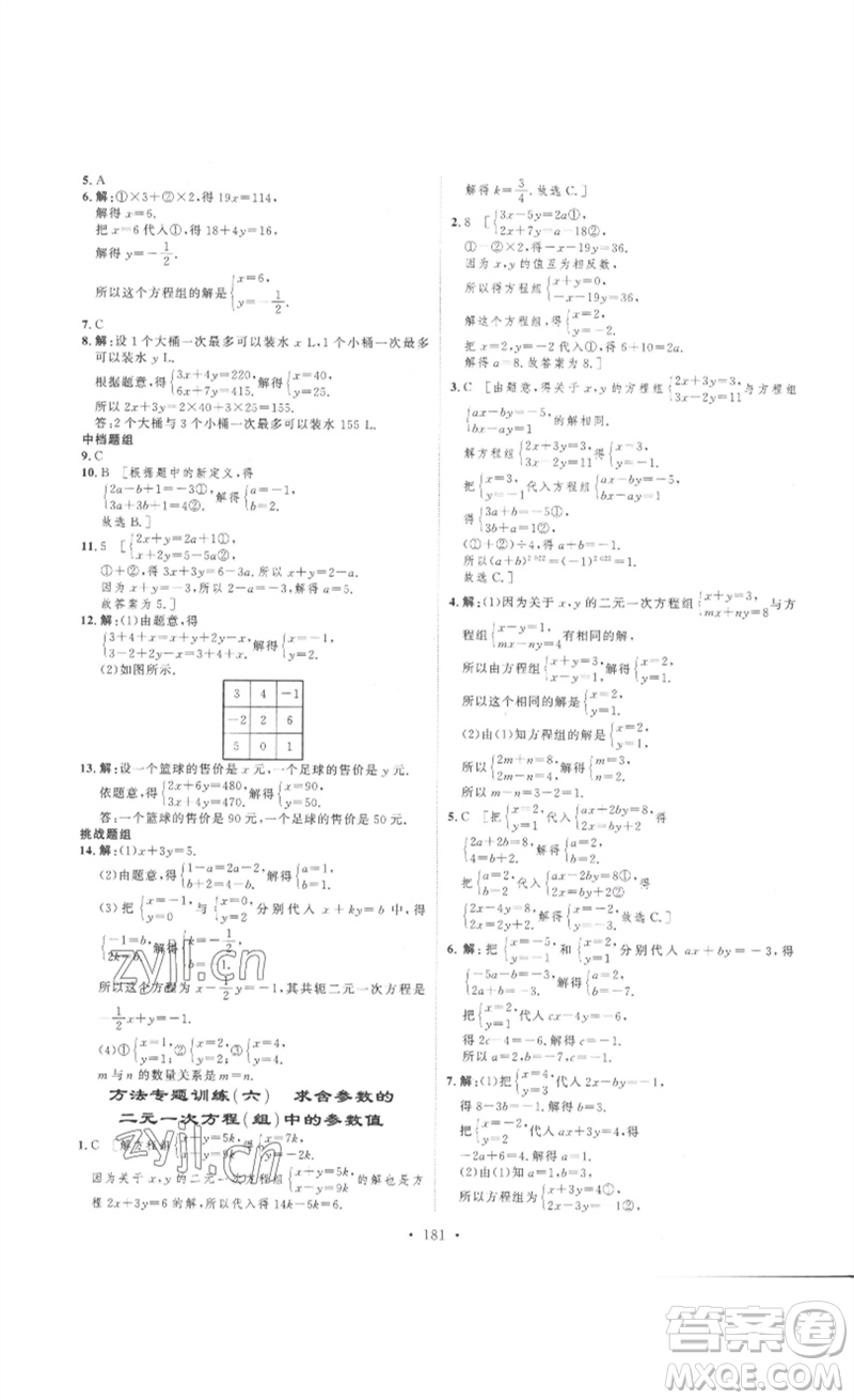 安徽人民出版社2023思路教練同步課時作業(yè)七年級數(shù)學(xué)下冊人教版參考答案