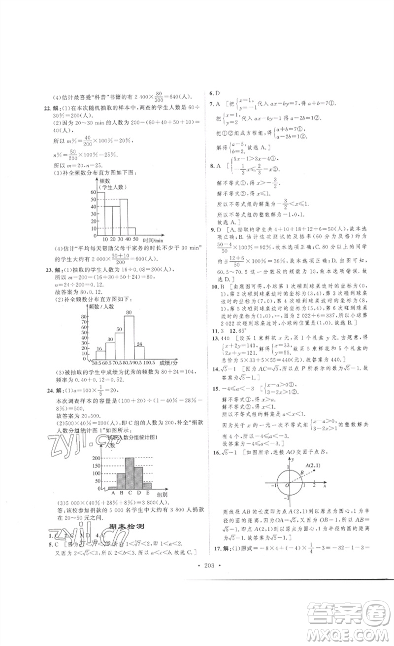 安徽人民出版社2023思路教練同步課時作業(yè)七年級數(shù)學(xué)下冊人教版參考答案