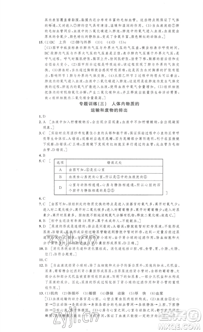 安徽人民出版社2023思路教練同步課時(shí)作業(yè)七年級(jí)生物下冊(cè)人教版參考答案