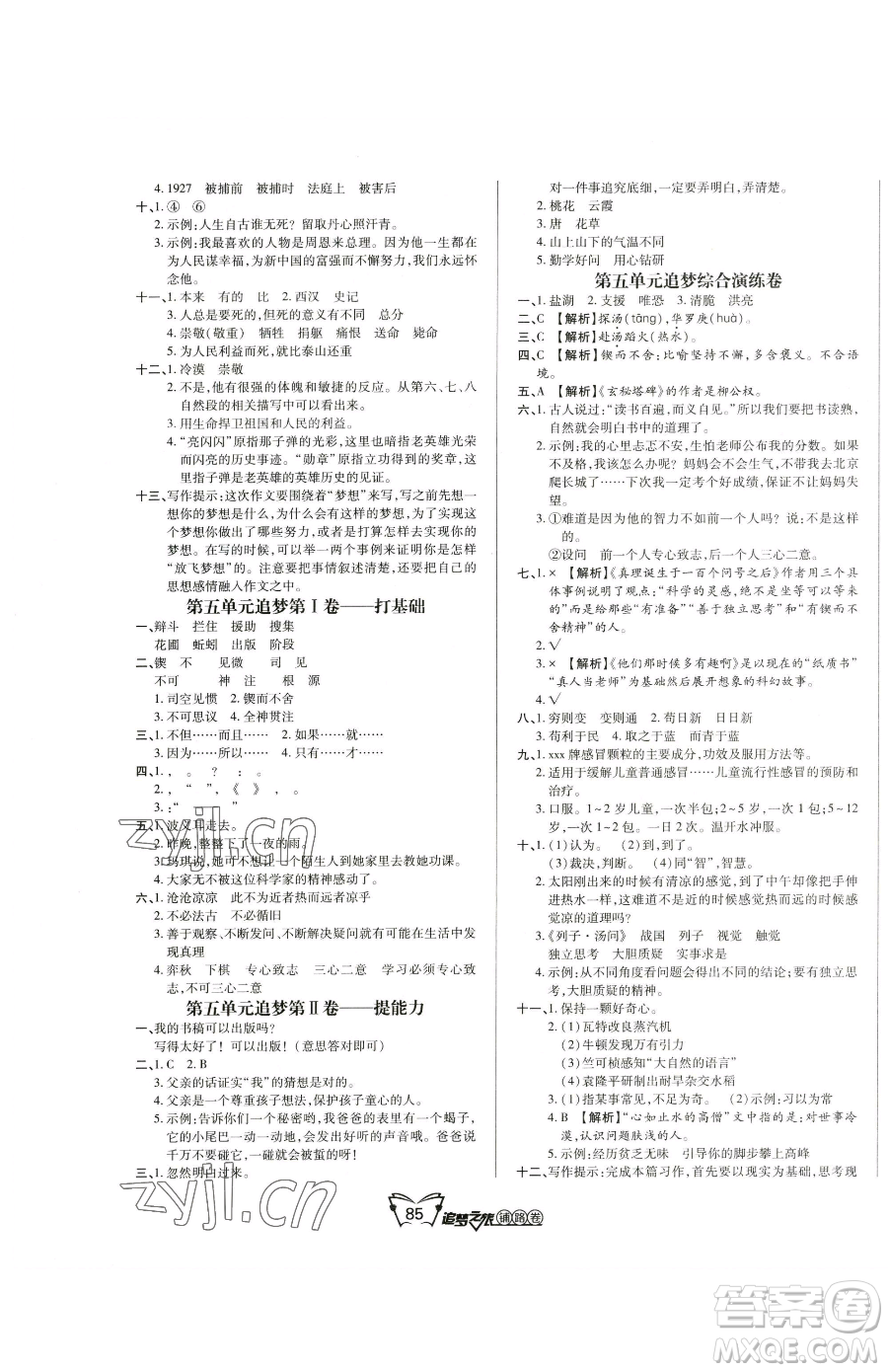 天津科學(xué)技術(shù)出版社2023追夢(mèng)之旅鋪路卷六年級(jí)下冊(cè)語文人教版河南專版參考答案