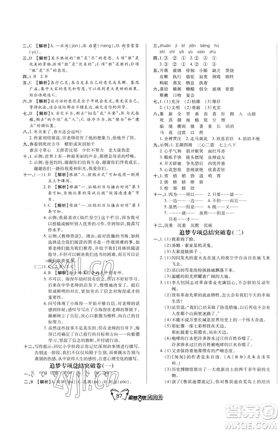 天津科學(xué)技術(shù)出版社2023追夢(mèng)之旅鋪路卷六年級(jí)下冊(cè)語文人教版河南專版參考答案