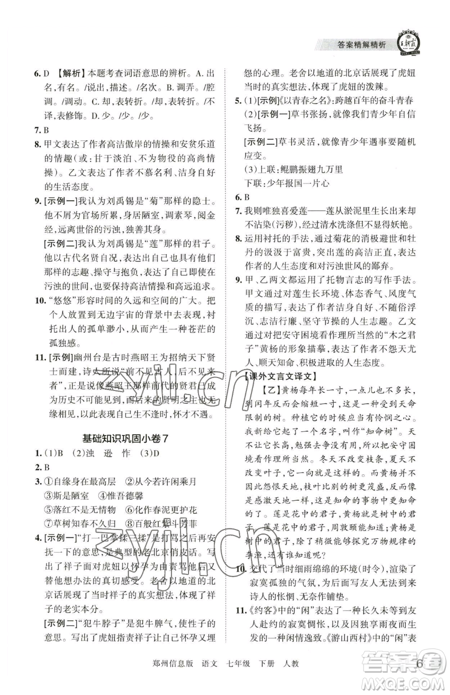 江西人民出版社2023王朝霞期末真題精編七年級下冊語文人教版鄭州專版參考答案