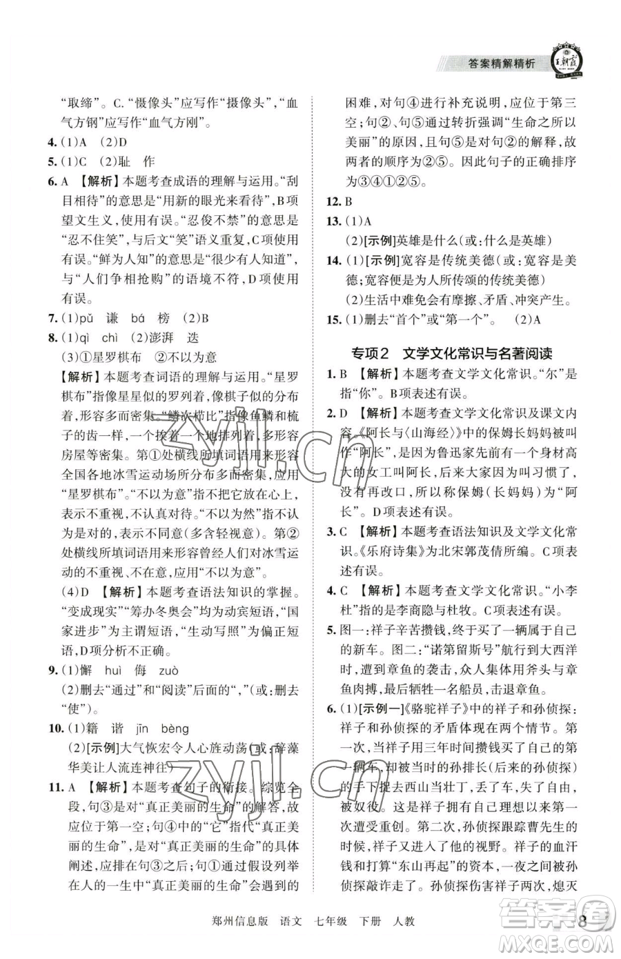 江西人民出版社2023王朝霞期末真題精編七年級下冊語文人教版鄭州專版參考答案