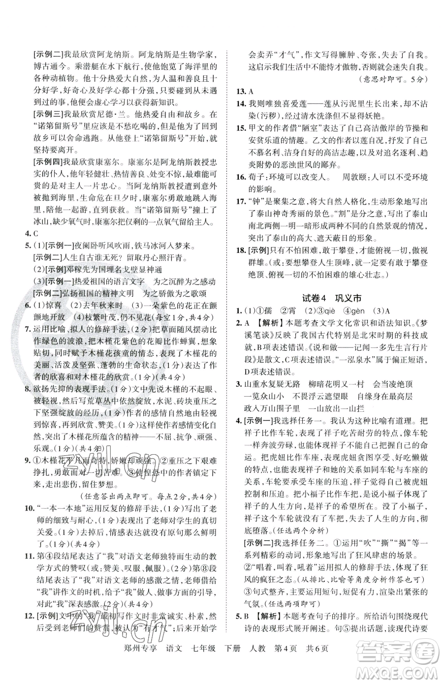 江西人民出版社2023王朝霞期末真題精編七年級下冊語文人教版鄭州專版參考答案