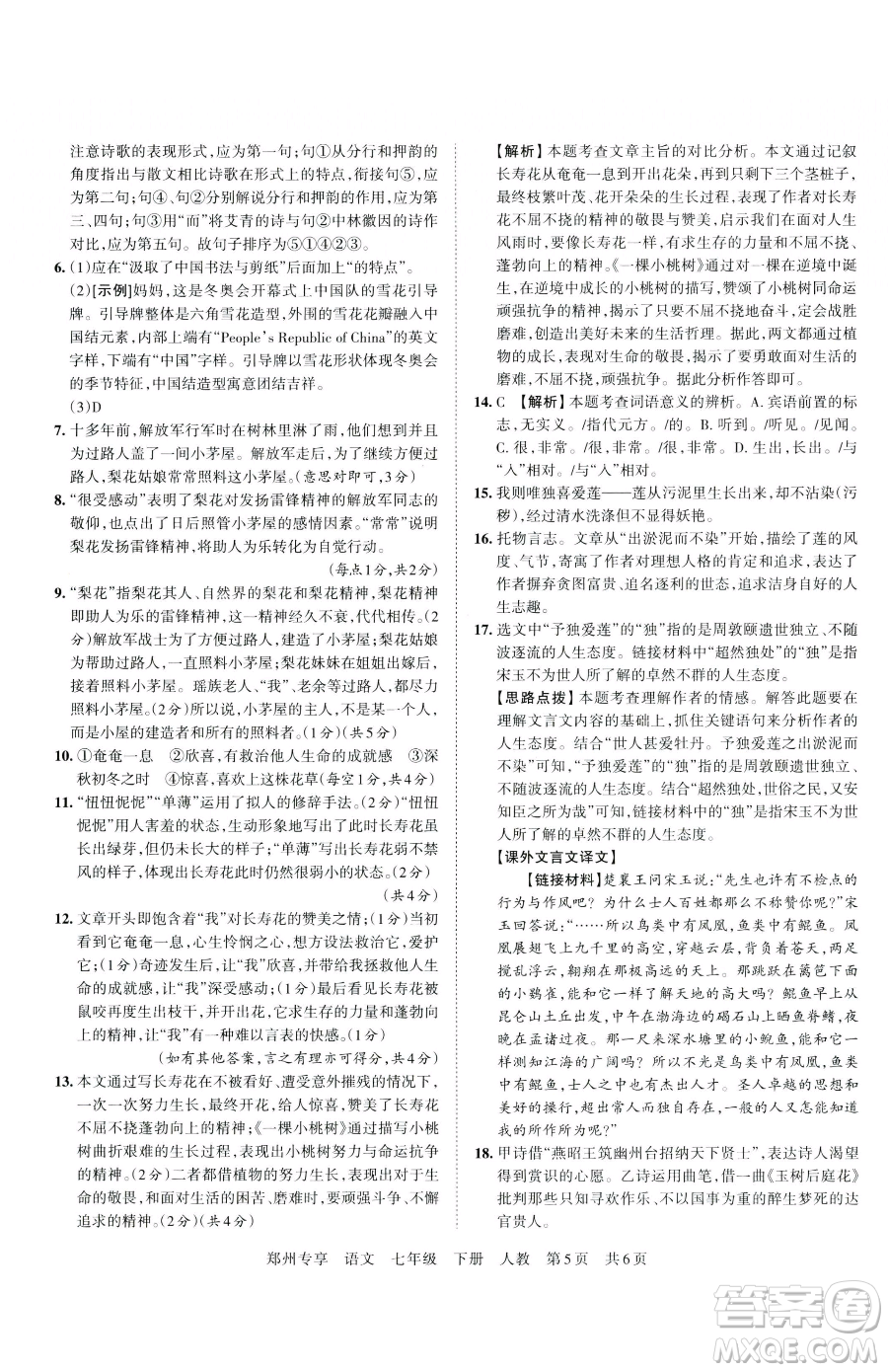 江西人民出版社2023王朝霞期末真題精編七年級下冊語文人教版鄭州專版參考答案