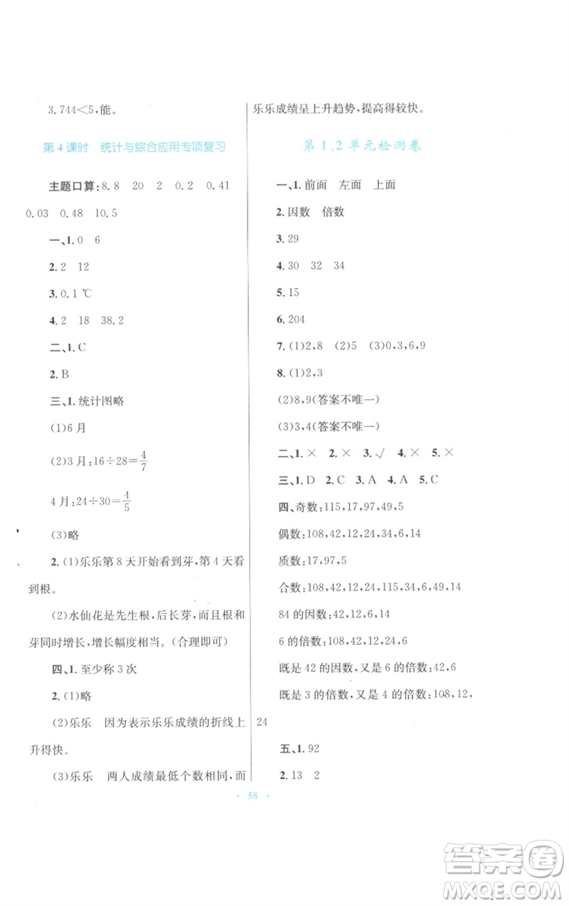 青海人民出版社2023快樂練練吧同步練習(xí)五年級數(shù)學(xué)下冊人教版青海專版參考答案