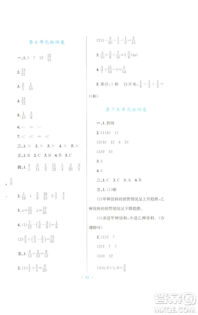 青海人民出版社2023快樂練練吧同步練習(xí)五年級數(shù)學(xué)下冊人教版青海專版參考答案