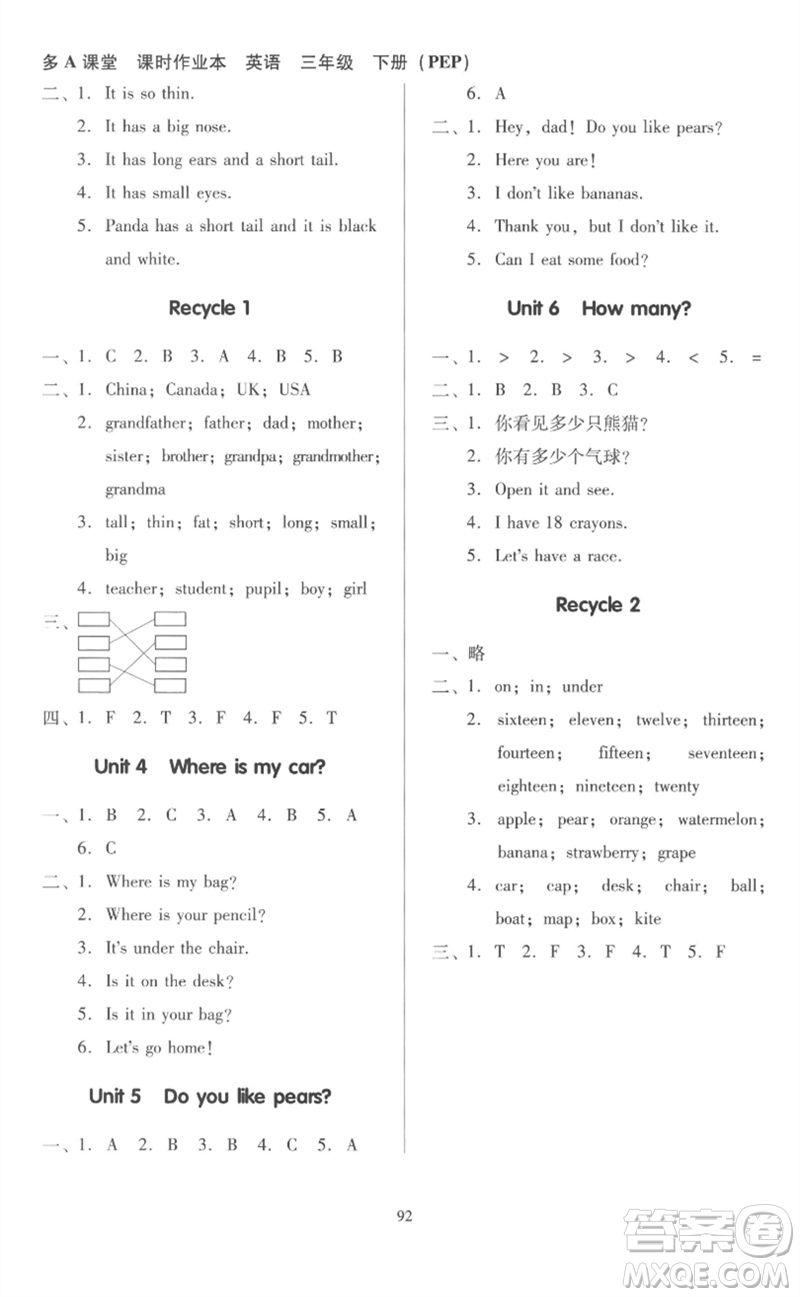 二十一世紀(jì)出版社集團(tuán)2023多A課堂課時(shí)廣東作業(yè)本三年級(jí)英語(yǔ)下冊(cè)人教PEP版參考答案