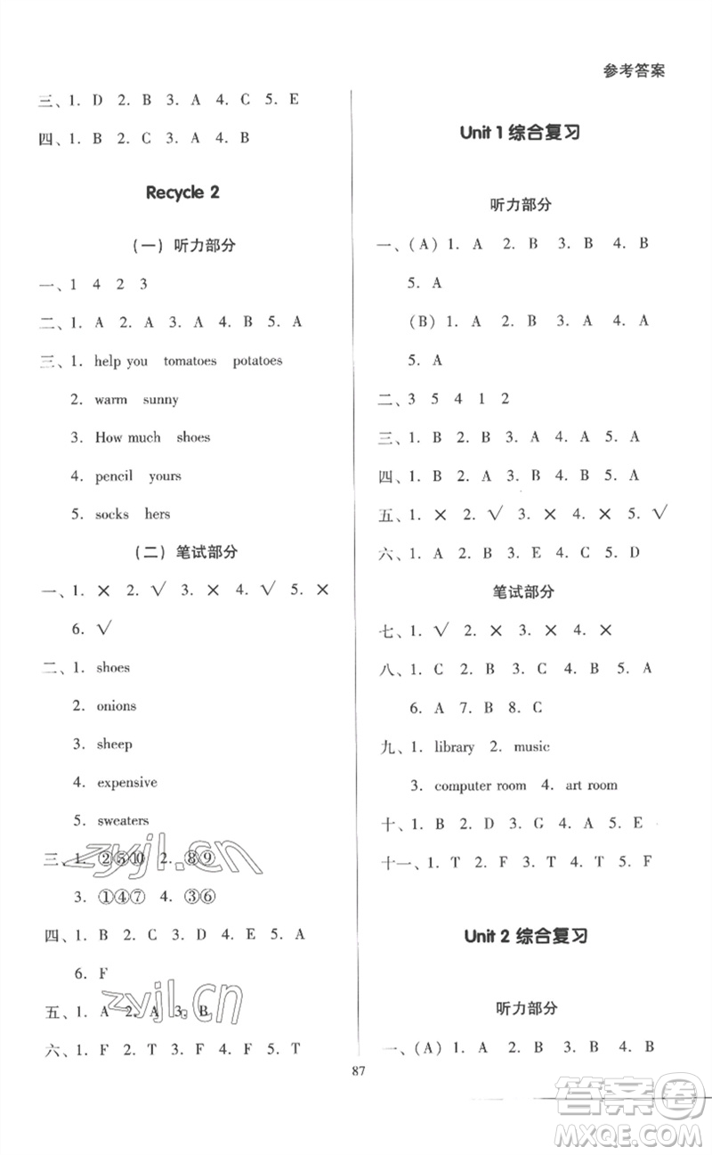 二十一世紀(jì)出版社集團(tuán)2023多A課堂課時(shí)廣東作業(yè)本四年級(jí)英語(yǔ)下冊(cè)人教PEP版參考答案