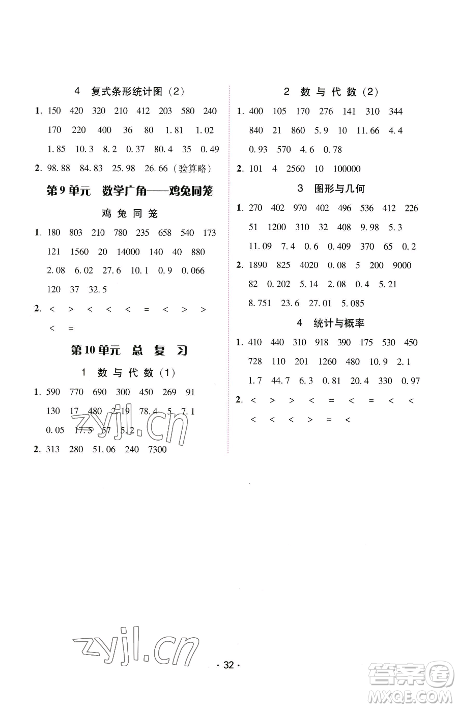 安徽人民出版社2023教與學(xué)課時(shí)學(xué)練測四年級(jí)下冊(cè)數(shù)學(xué)人教版參考答案