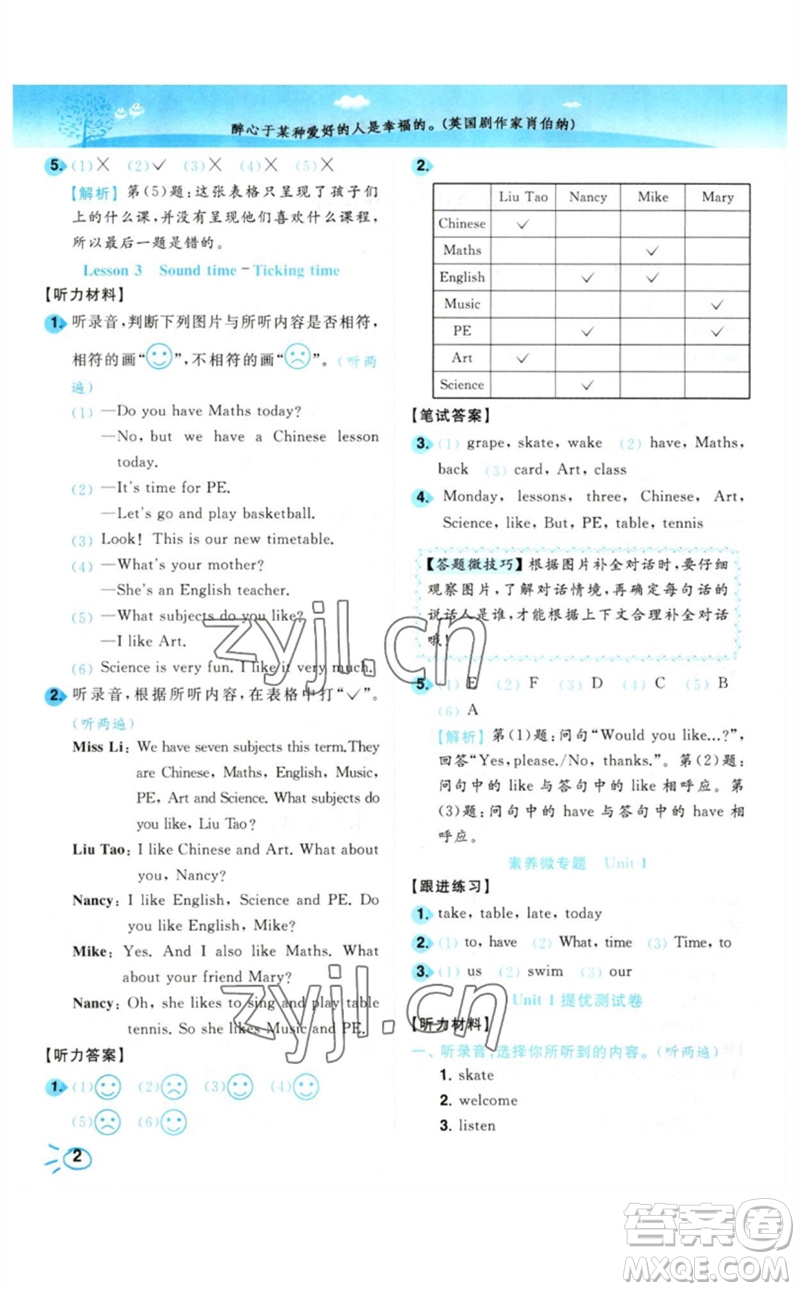 東南大學出版社2023小題狂做培優(yōu)作業(yè)本四年級英語下冊譯林版參考答案