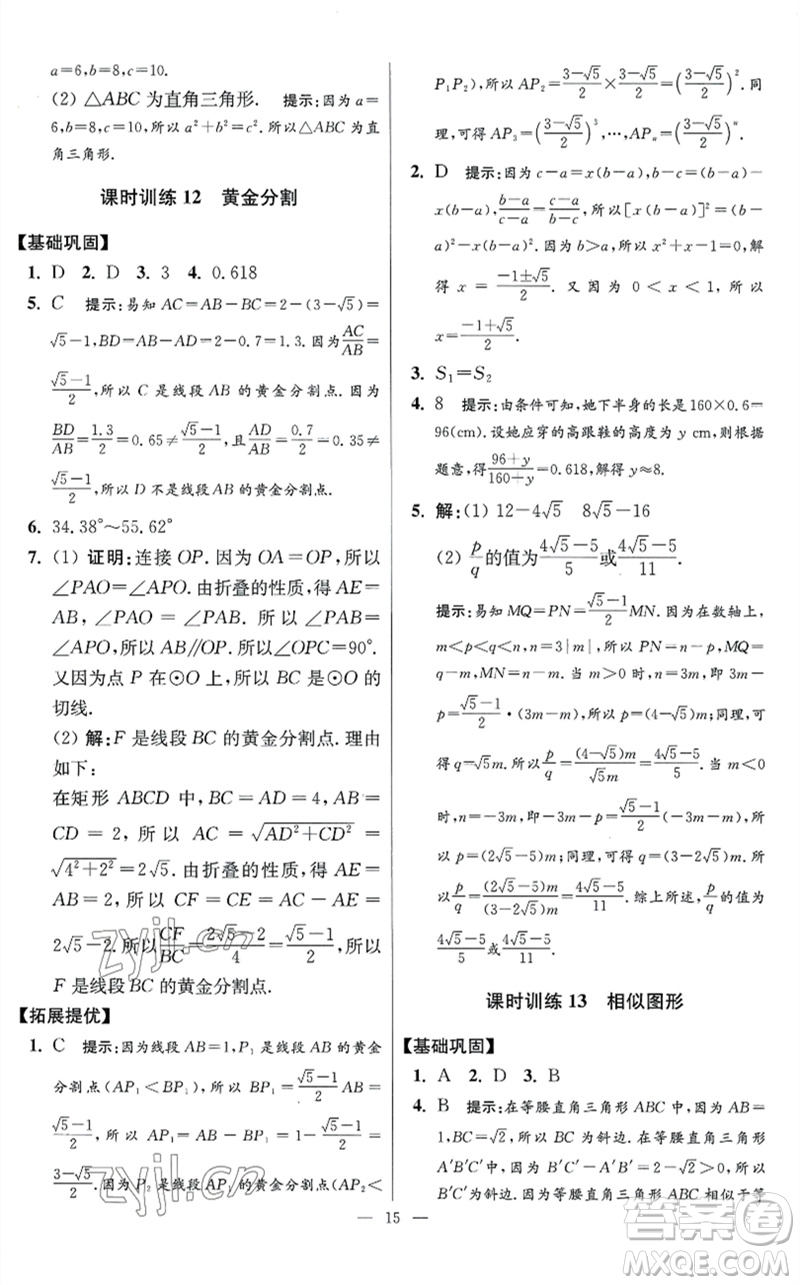 江蘇鳳凰科學(xué)技術(shù)出版社2023初中數(shù)學(xué)小題狂做九年級下冊蘇科版提優(yōu)版參考答案