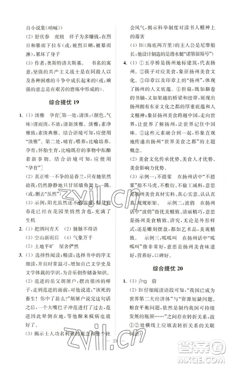 江蘇鳳凰科學(xué)技術(shù)出版社2023中考語文小題狂做九年級人教版提優(yōu)版參考答案