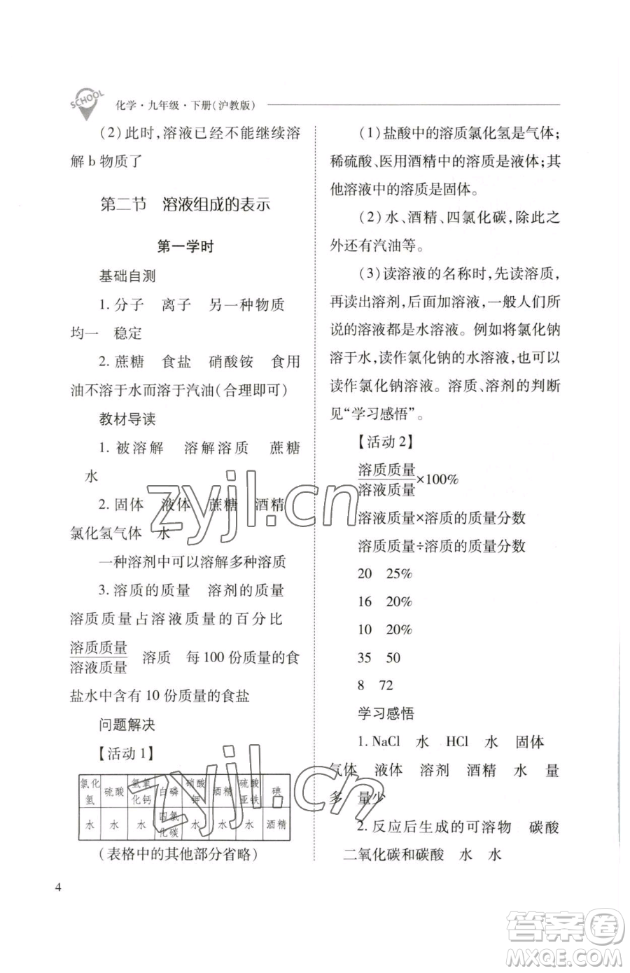 山西教育出版社2023新課程問題解決導學方案九年級下冊化學滬教版參考答案