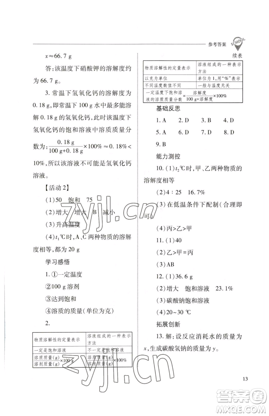 山西教育出版社2023新課程問題解決導學方案九年級下冊化學滬教版參考答案