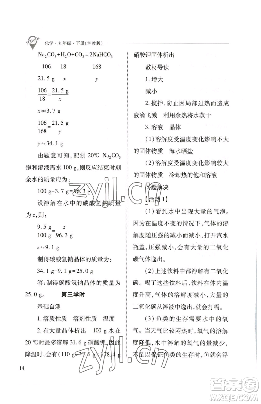 山西教育出版社2023新課程問題解決導學方案九年級下冊化學滬教版參考答案