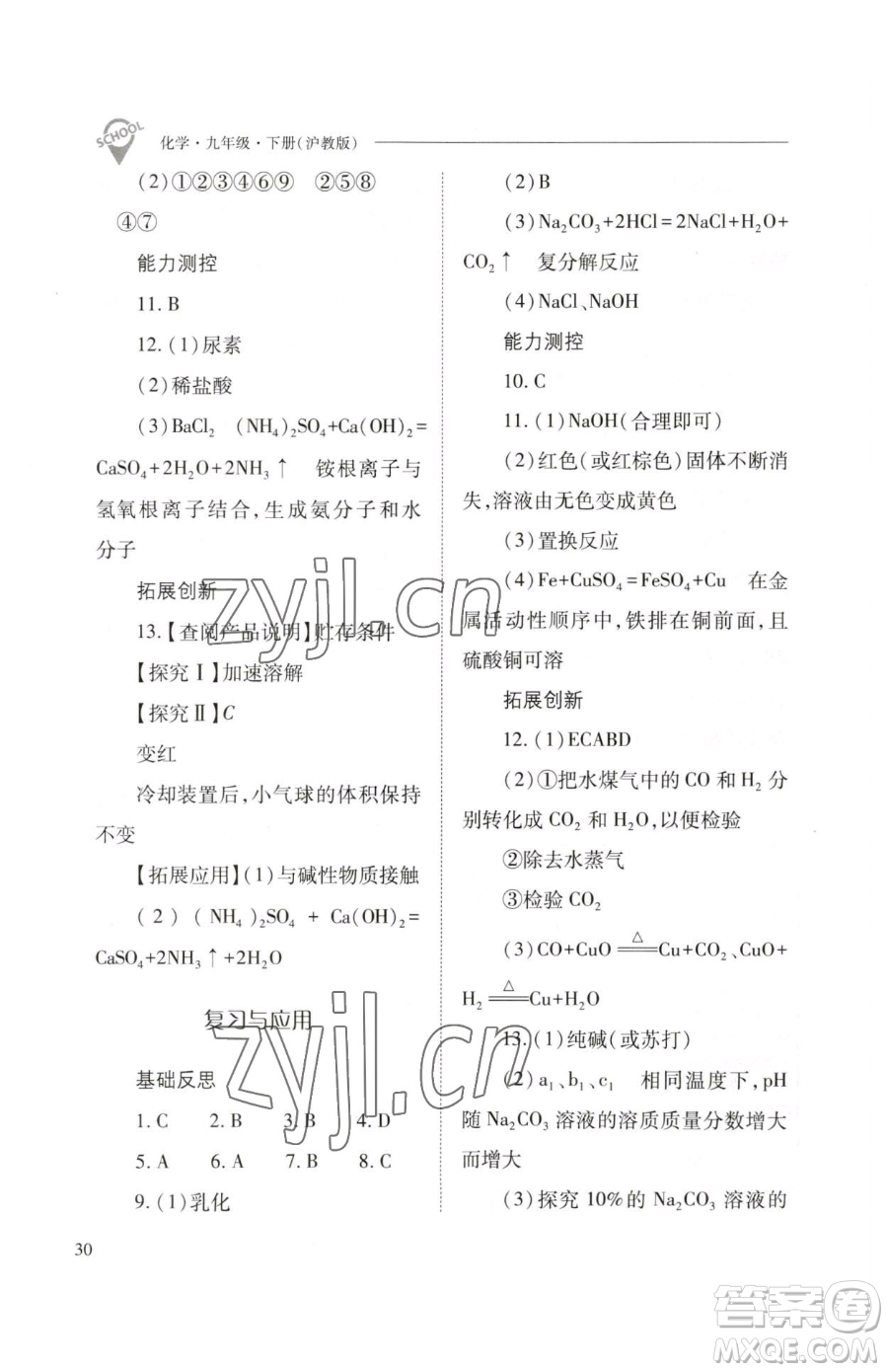 山西教育出版社2023新課程問題解決導學方案九年級下冊化學滬教版參考答案