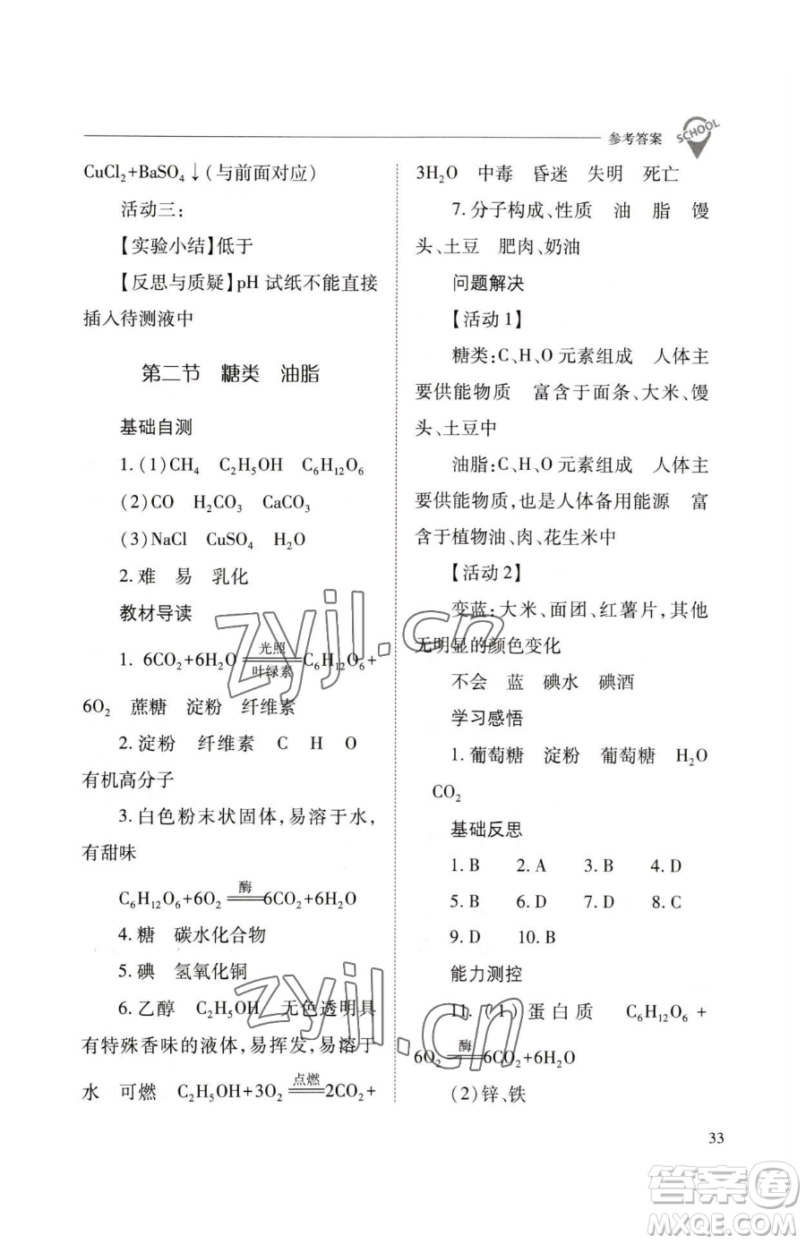 山西教育出版社2023新課程問題解決導學方案九年級下冊化學滬教版參考答案