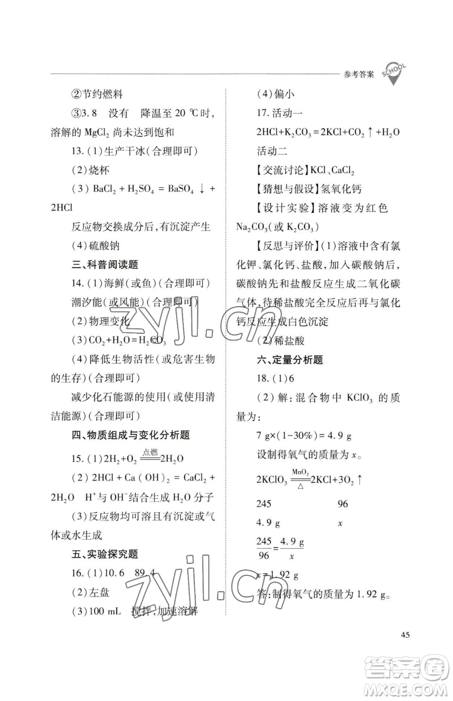 山西教育出版社2023新課程問題解決導學方案九年級下冊化學滬教版參考答案