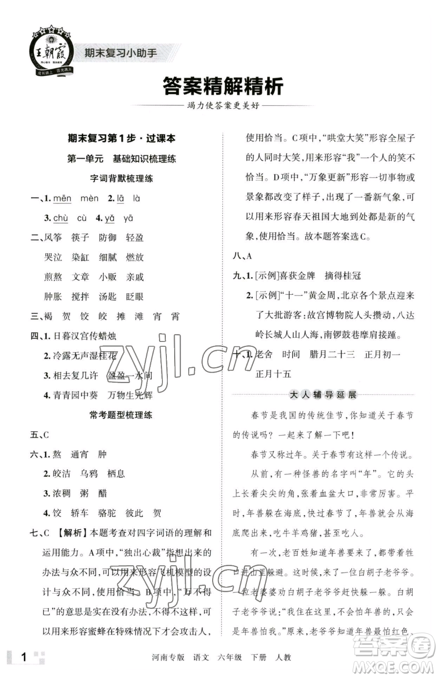 江西人民出版社2023王朝霞各地期末試卷精選六年級(jí)下冊(cè)語(yǔ)文人教版河南專(zhuān)版參考答案