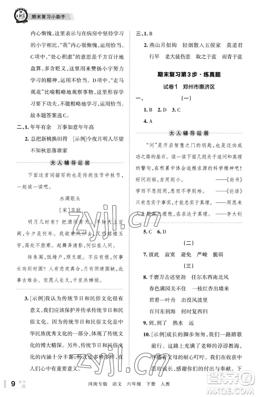 江西人民出版社2023王朝霞各地期末試卷精選六年級(jí)下冊(cè)語(yǔ)文人教版河南專(zhuān)版參考答案