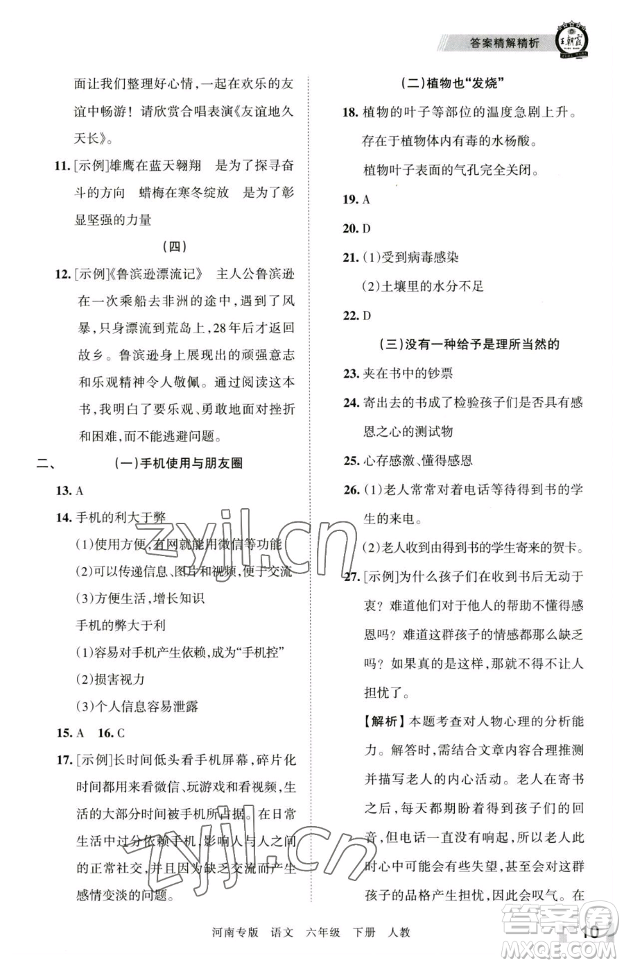 江西人民出版社2023王朝霞各地期末試卷精選六年級(jí)下冊(cè)語(yǔ)文人教版河南專(zhuān)版參考答案