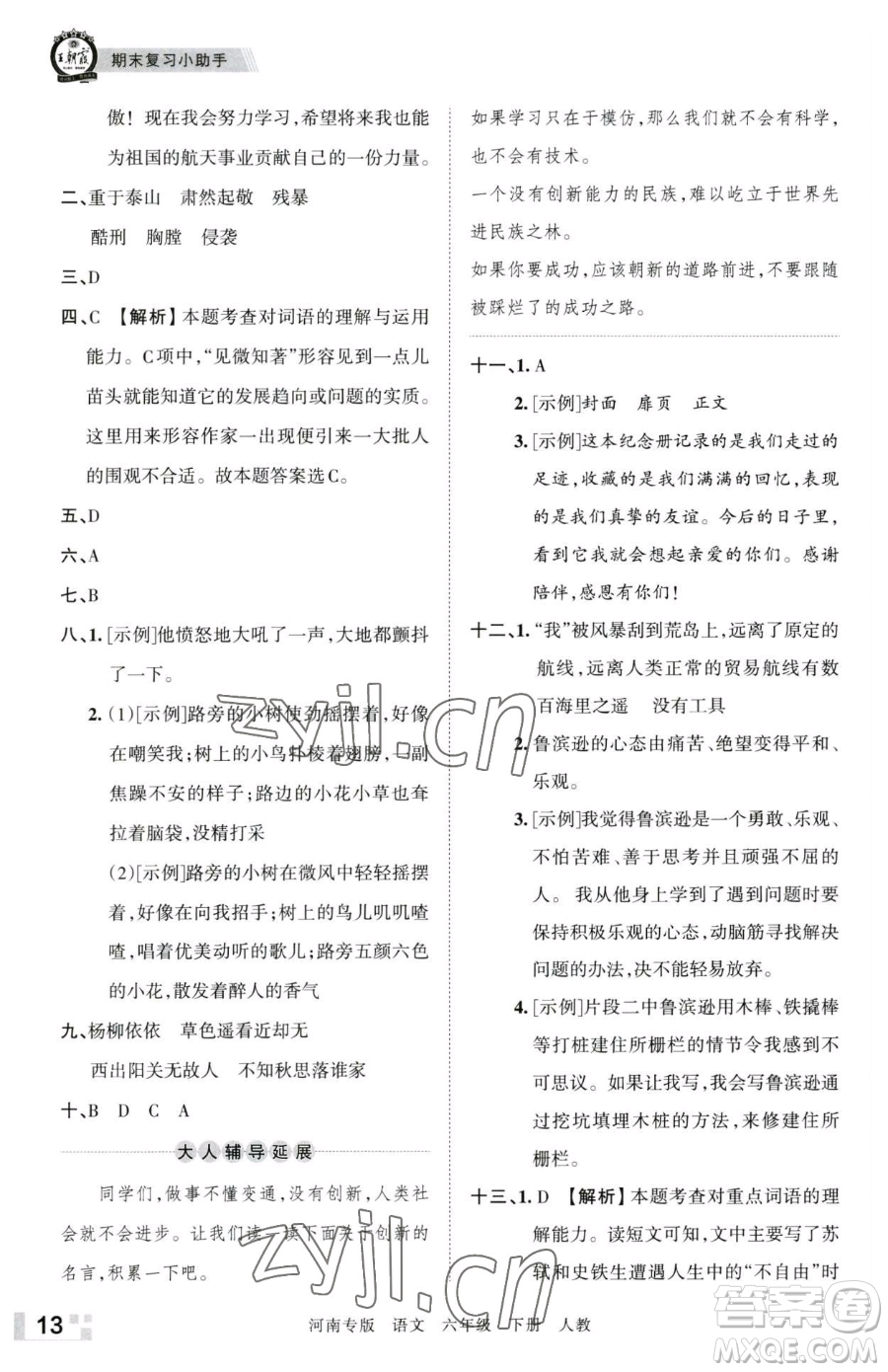 江西人民出版社2023王朝霞各地期末試卷精選六年級(jí)下冊(cè)語(yǔ)文人教版河南專(zhuān)版參考答案