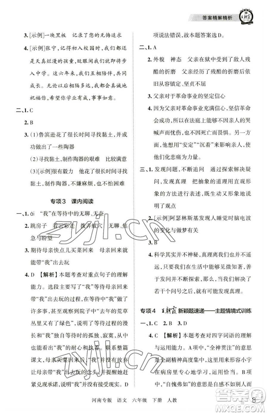 江西人民出版社2023王朝霞各地期末試卷精選六年級(jí)下冊(cè)語(yǔ)文人教版河南專(zhuān)版參考答案