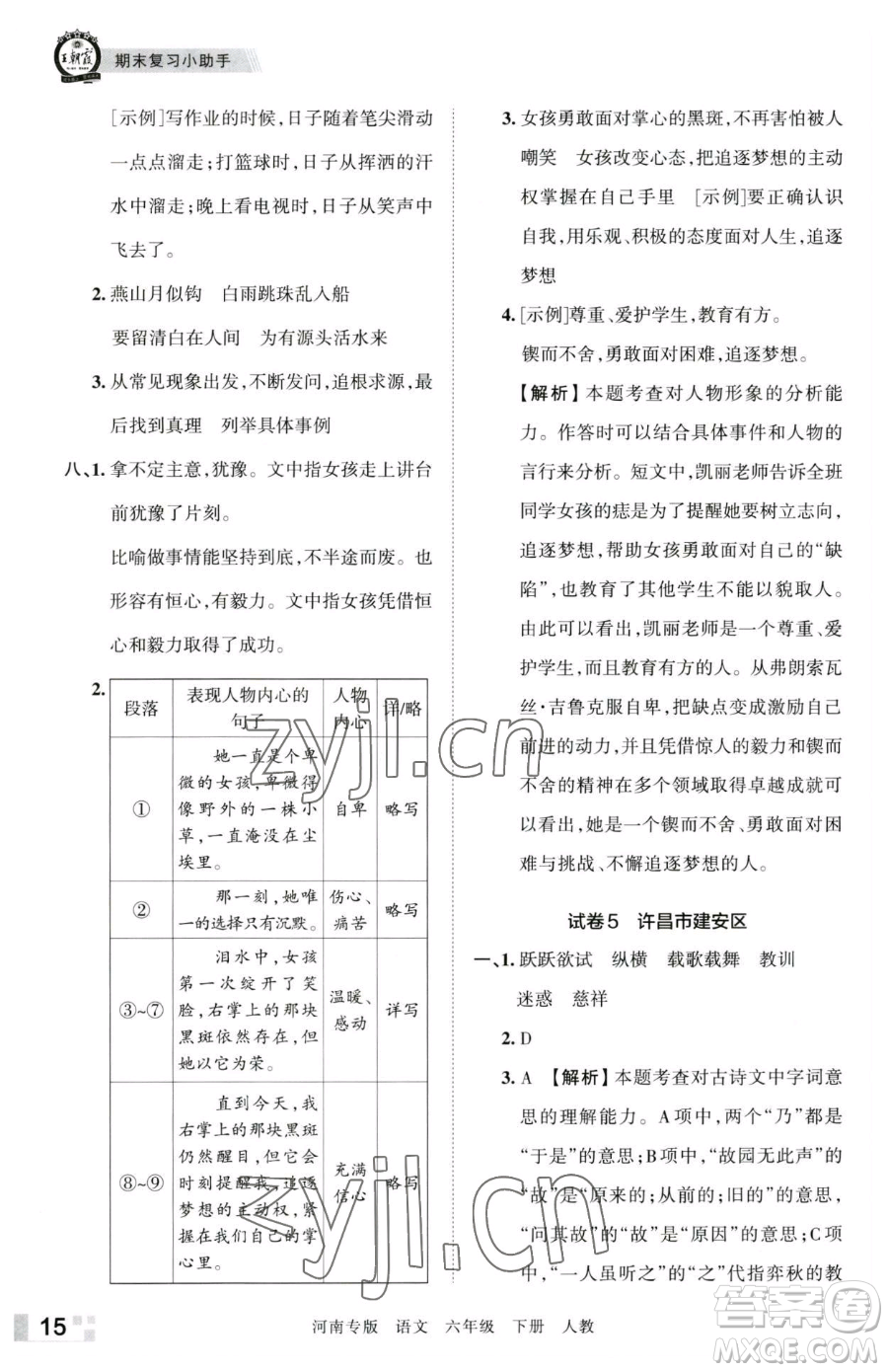 江西人民出版社2023王朝霞各地期末試卷精選六年級(jí)下冊(cè)語(yǔ)文人教版河南專(zhuān)版參考答案