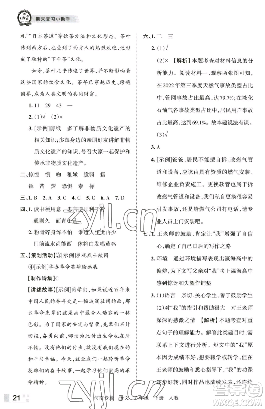 江西人民出版社2023王朝霞各地期末試卷精選六年級(jí)下冊(cè)語(yǔ)文人教版河南專(zhuān)版參考答案