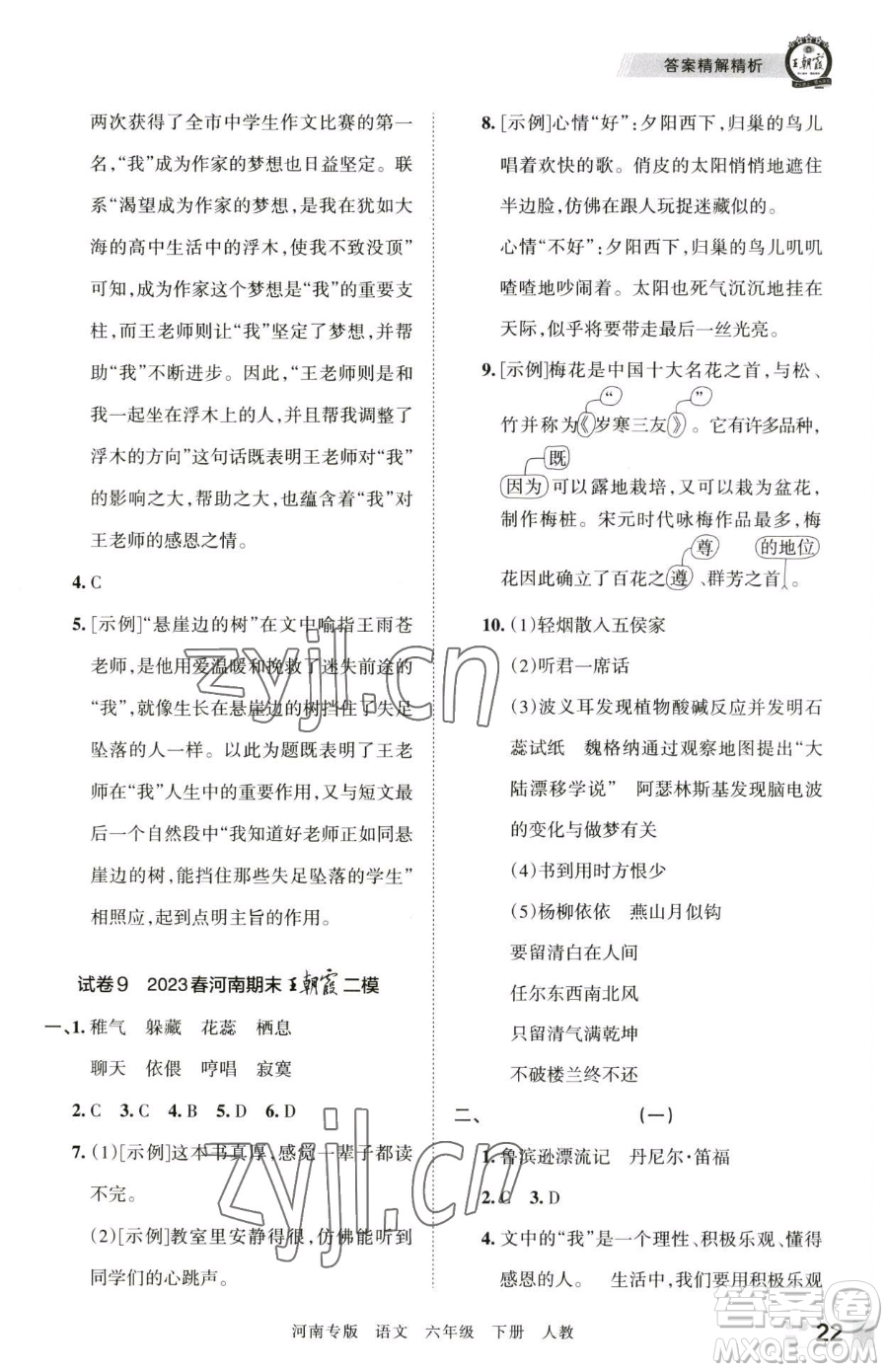 江西人民出版社2023王朝霞各地期末試卷精選六年級(jí)下冊(cè)語(yǔ)文人教版河南專(zhuān)版參考答案