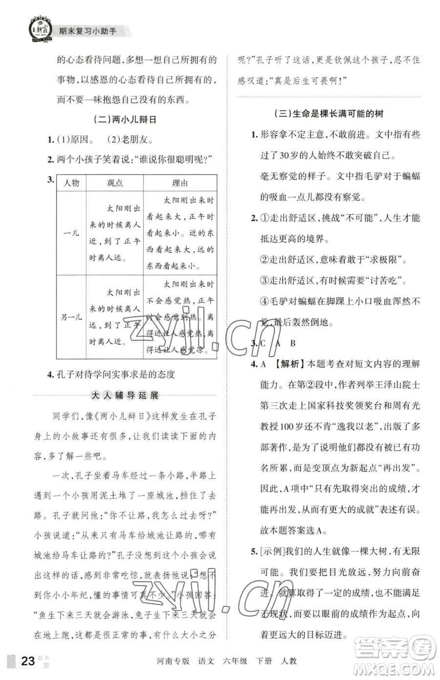 江西人民出版社2023王朝霞各地期末試卷精選六年級(jí)下冊(cè)語(yǔ)文人教版河南專(zhuān)版參考答案